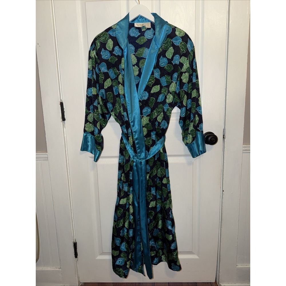 VTG 90's Victoria's Secret Gold Label Blue Green Shell Print Gown Robe Tie S